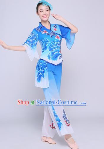 Chinese Traditional Folk Dance Fan Dance Printing Peony Blue Clothing Group Yangko Dance Costume for Women