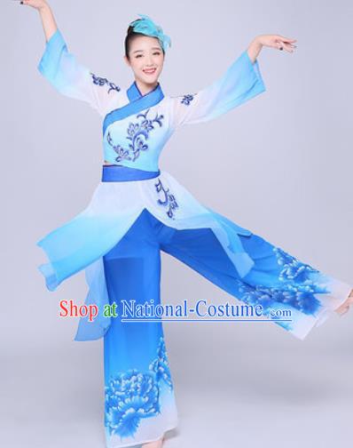 Chinese Traditional Folk Dance Group Dance Blue Clothing Yangko Fan Dance Costume for Women