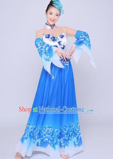 Chinese Traditional Classical Dance Peony Dance Blue Dress Umbrella Dance Stage Performance Costume for Women