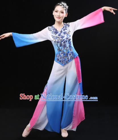 Chinese Traditional Fan Dance Blue Clothing Folk Dance Group Yangko Dance Stage Performance Costume for Women