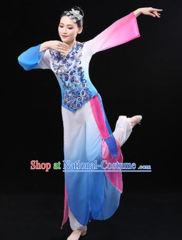 Chinese Traditional Fan Dance Blue Clothing Folk Dance Group Yangko Dance Stage Performance Costume for Women