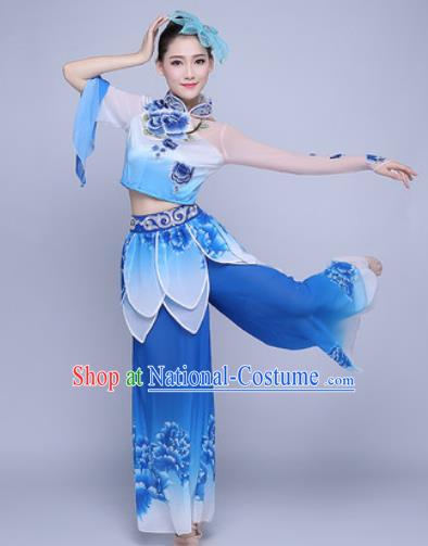 Traditional Chinese Folk Dance Group Dance Blue Clothing Yangko Lotus Dance Costume for Women