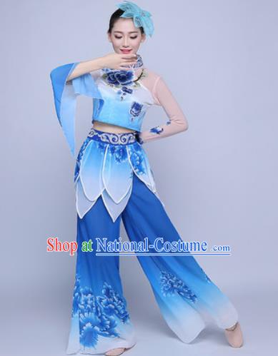 Traditional Chinese Folk Dance Group Dance Blue Clothing Yangko Lotus Dance Costume for Women