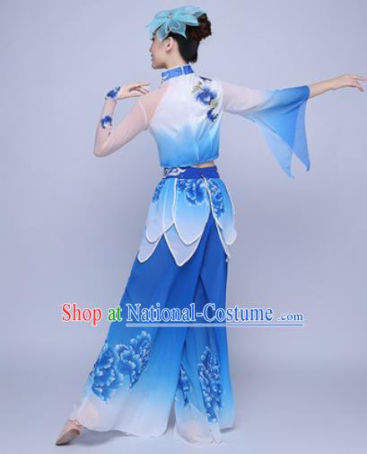 Traditional Chinese Folk Dance Group Dance Blue Clothing Yangko Lotus Dance Costume for Women