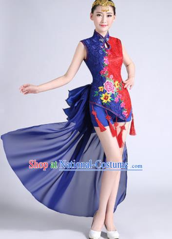 Traditional Chinese Folk Dance Drum Dance Blue Clothing Yangko Dance Costume for Women