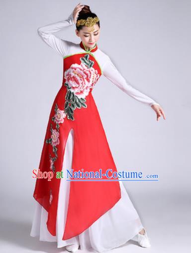 Chinese Traditional Classical Dance Printing Peony Red Dress Umbrella Dance Stage Performance Costume for Women