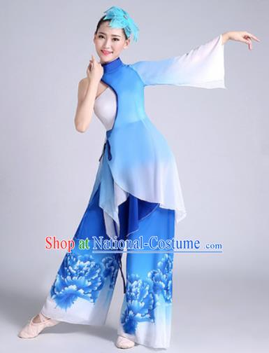 Chinese Traditional Classical Dance Fan Dance Blue Dress Umbrella Dance Stage Performance Costume for Women