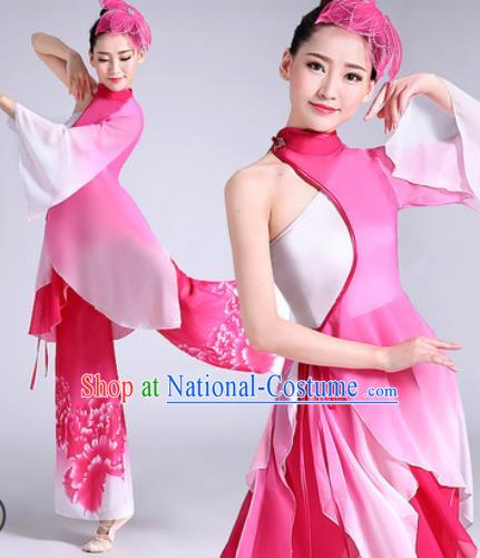 Chinese Traditional Classical Dance Fan Dance Rosy Dress Umbrella Dance Stage Performance Costume for Women