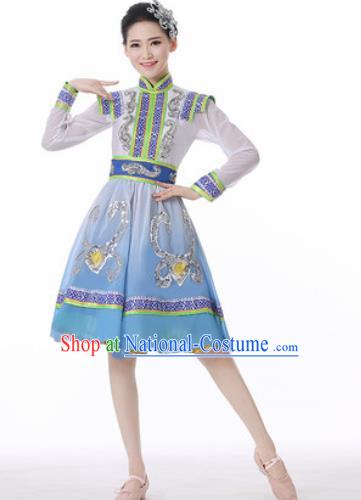 Traditional Chinese Mongol Nationality Folk Dance Blue Short Dress Mongolian National Ethnic Costume for Women