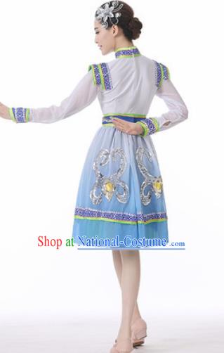 Traditional Chinese Mongol Nationality Folk Dance Blue Short Dress Mongolian National Ethnic Costume for Women