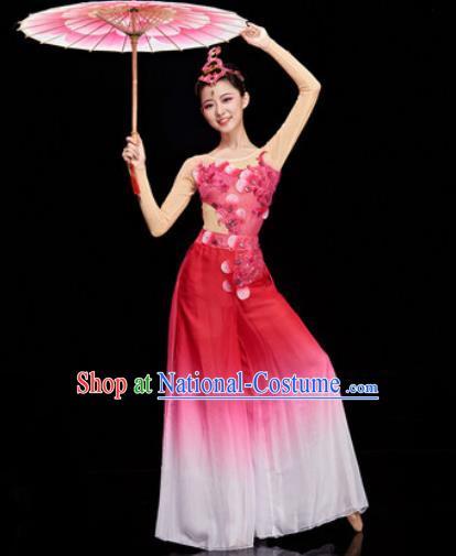 Chinese Traditional Umbrella Dance Rosy Dress Classical Dance Stage Performance Costume for Women