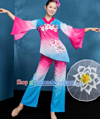 Traditional Chinese Folk Dance Blue Clothing Yangko Dance Fan Dance Costume for Women