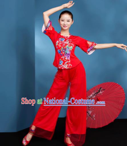 Traditional Chinese Folk Dance Fan Dance Red Clothing Yangko Dance Costume for Women