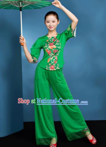 Traditional Chinese Folk Dance Fan Dance Green Clothing Yangko Dance Costume for Women