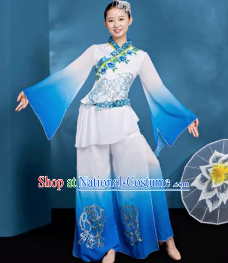 Traditional Chinese Folk Dance Umbrella Dance Blue Clothing Yangko Dance Costume for Women