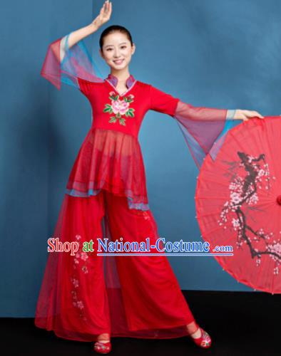 Traditional Chinese Folk Dance Fan Dance Red Veil Clothing Yangko Dance Costume for Women