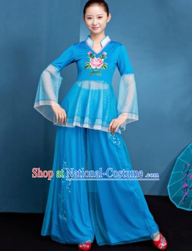 Traditional Chinese Folk Dance Fan Dance Blue Veil Clothing Yangko Dance Costume for Women