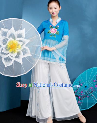 Traditional Chinese Folk Dance Blue Veil Clothing Yangko Dance Fan Dance Costume for Women