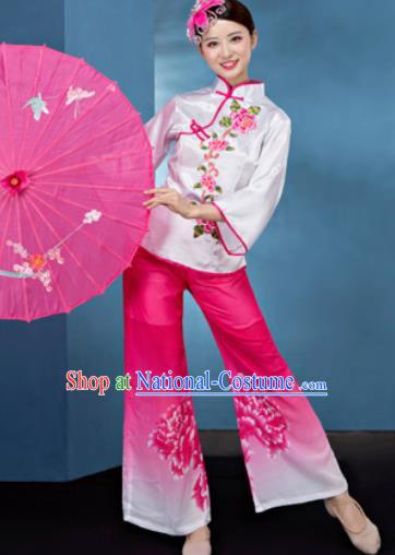 Traditional Chinese Folk Dance Stage Show Clothing Yangko Dance Printing Peony Pink Costume for Women