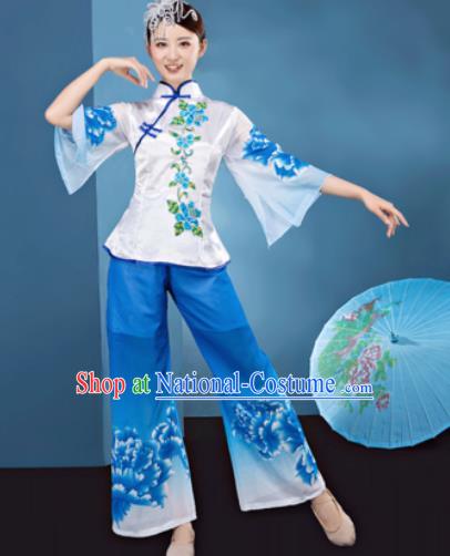 Traditional Chinese Folk Dance Stage Show Clothing Yangko Dance Printing Peony Blue Costume for Women