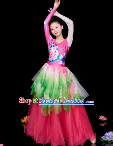 Chinese Traditional Opening Dance Chorus Rosy Veil Dress Modern Dance Stage Performance Costume for Women