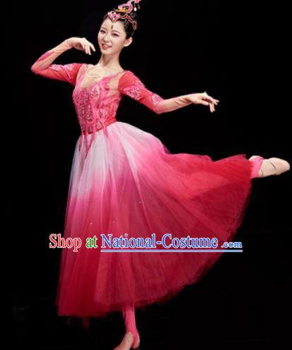 Chinese Traditional Opening Dance Chorus Rosy Veil Dress Modern Dance Stage Performance Costume for Women