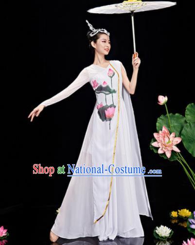 Chinese Traditional Umbrella Dance Printing Lotus Dress Classical Dance Stage Performance Costume for Women