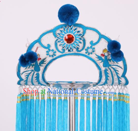 Chinese Traditional Peking Opera Fisher Maiden Blue Tassel Hat Classical Beijing Opera Headwear for Women