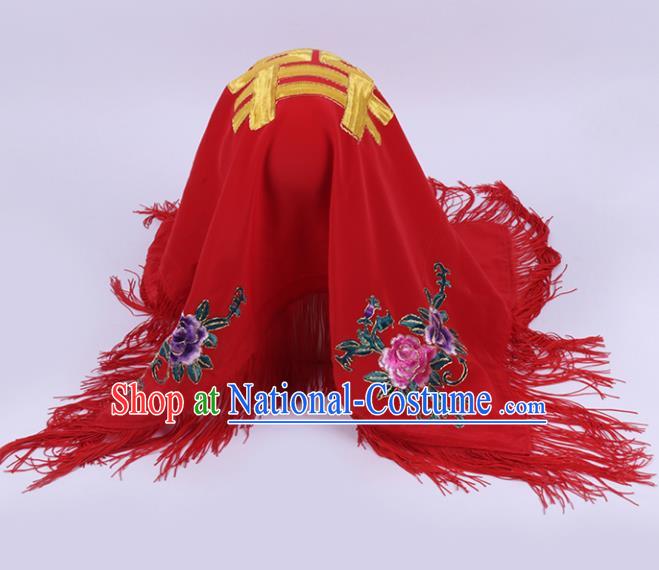 Chinese Traditional Peking Opera Bride Red Head Cover Classical Beijing Opera Headwear for Women