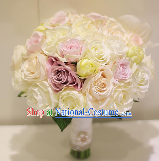 Top Grade Wedding Bridal Bouquet Hand White and Pink Roses Tied Bouquet Flowers for Women