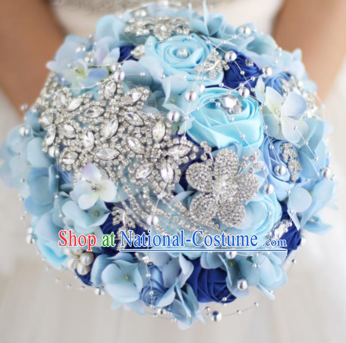 Top Grade Wedding Bridal Bouquet Hand Blue Roses Tied Bouquet Flowers for Women