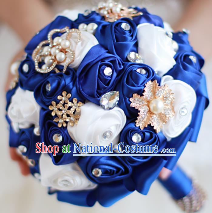 Top Grade Wedding Bridal Bouquet Hand Emulational Royal Blue Roses Tied Bouquet Flowers for Women