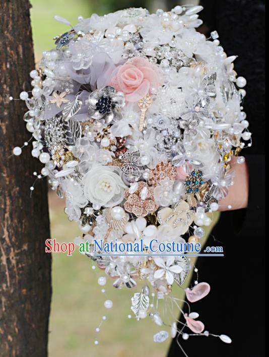 Top Grade Wedding Bridal Bouquet Hand Emulational Crystal Pearls Tied Bouquet Flowers for Women