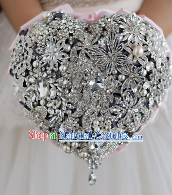 Top Grade Wedding Bridal Bouquet Hand Emulational Crystal Heart Shape Tied Bouquet Flowers for Women