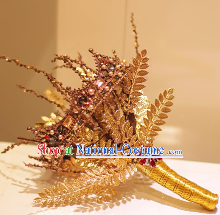 Top Grade Wedding Bridal Bouquet Hand Crystal Golden Royal Crown Tied Bouquet Flowers for Women