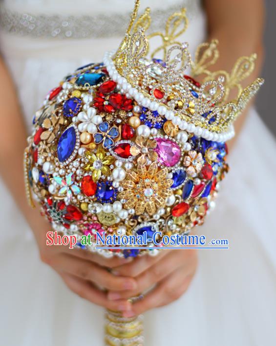 Top Grade Wedding Bridal Bouquet Hand Colorful Crystal Ball Tied Bouquet Flowers for Women