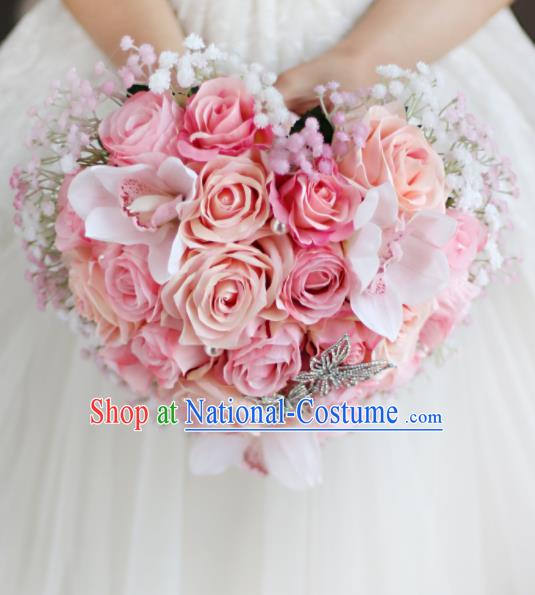 Top Grade Wedding Bridal Bouquet Hand Pink Roses Ball Tied Bouquet Flowers for Women