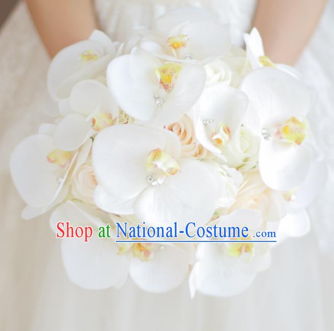 Top Grade Wedding Bridal Bouquet Hand White Phalaenopsis Ball Tied Bouquet Flowers for Women