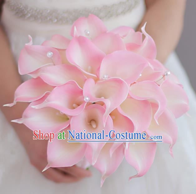 Top Grade Wedding Bridal Bouquet Hand Pink Common Callalily Ball Tied Bouquet Flowers for Women