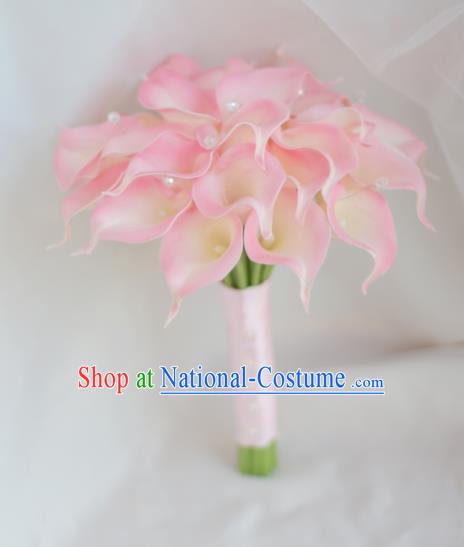 Top Grade Wedding Bridal Bouquet Hand Pink Common Callalily Ball Tied Bouquet Flowers for Women