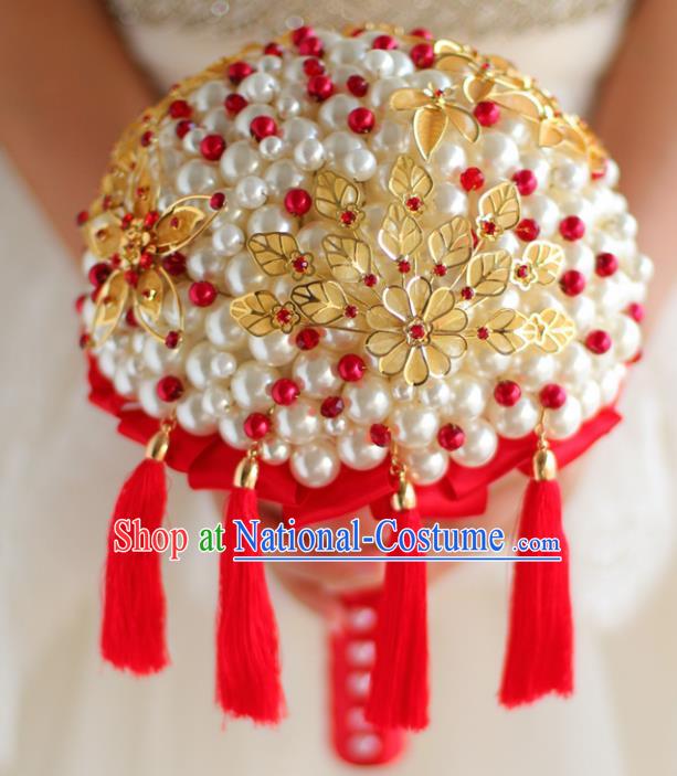 Top Grade Wedding Bridal Bouquet Hand Pearls Ball Tied Bouquet Flowers for Women