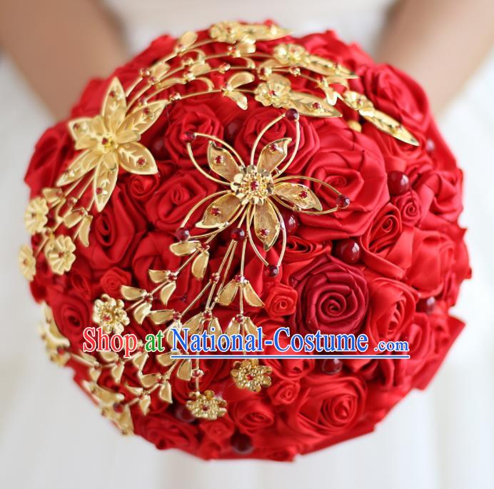 Top Grade Wedding Bridal Bouquet Hand Emulational Red Roses Ball Tied Bouquet Flowers for Women