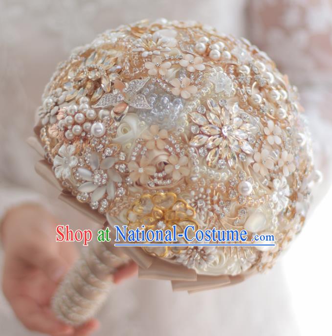 Top Grade Wedding Bridal Bouquet Hand Champagne Crystal Ball Tied Bouquet Flowers for Women