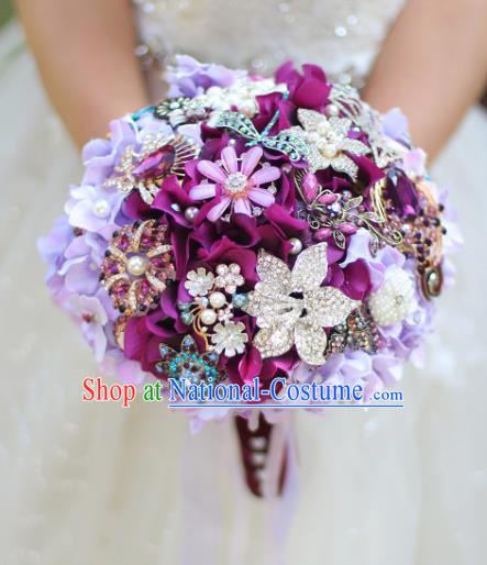 Top Grade Wedding Bridal Bouquet Hand Emulational Purple Ball Tied Bouquet Flowers for Women