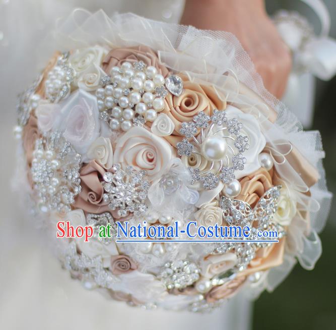 Top Grade Wedding Bridal Bouquet Hand Emulational Champagne Roses Ball Tied Bouquet Flowers for Women