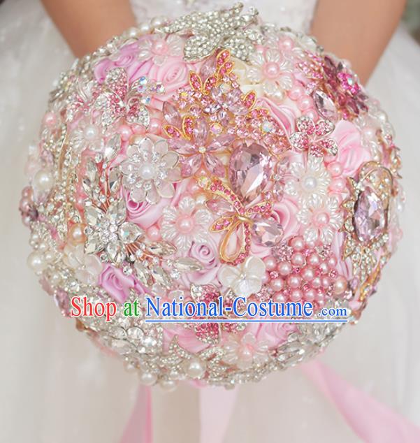 Top Grade Wedding Bridal Bouquet Hand Emulational Crystal Pink Rose Ball Tied Bouquet Flowers for Women