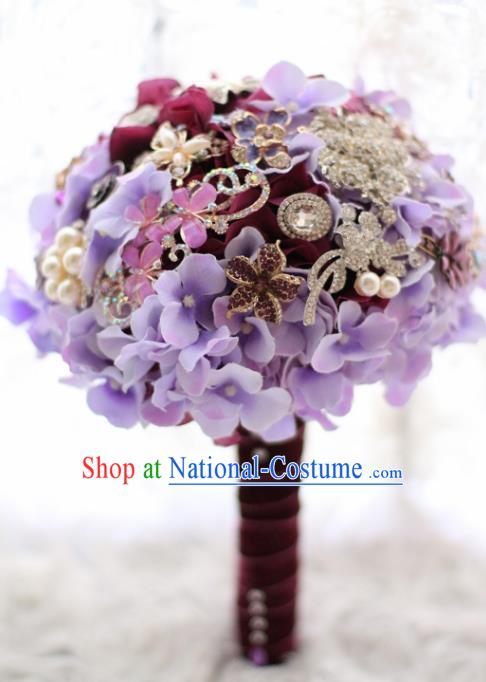 Top Grade Wedding Bridal Bouquet Hand Emulational Purple Flowers Crystal Ball Tied Bouquet Flowers for Women