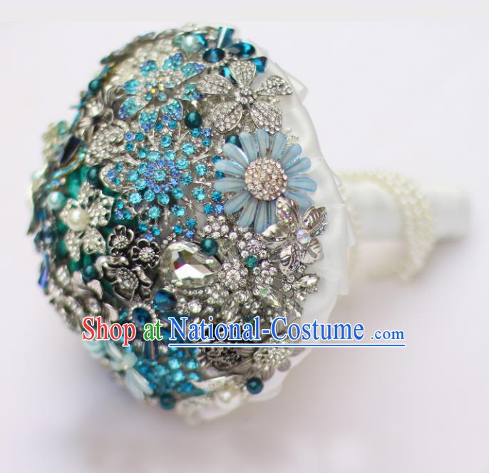 Top Grade Wedding Bridal Bouquet Hand Blue Crystal Flowers Ball Tied Bouquet Flowers for Women