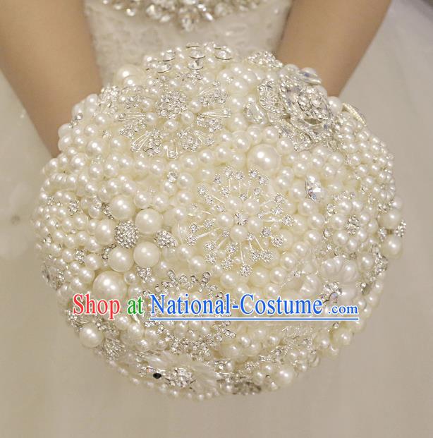 Top Grade Wedding Bridal Bouquet Hand Blue Crystal Pearls Flowers Ball Tied Bouquet Flowers for Women