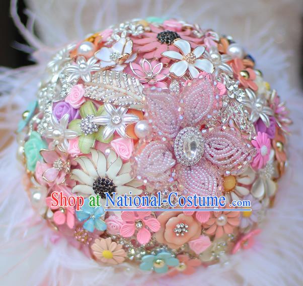 Top Grade Wedding Bridal Bouquet Hand Pink Beads Ball Tied Bouquet Flowers for Women